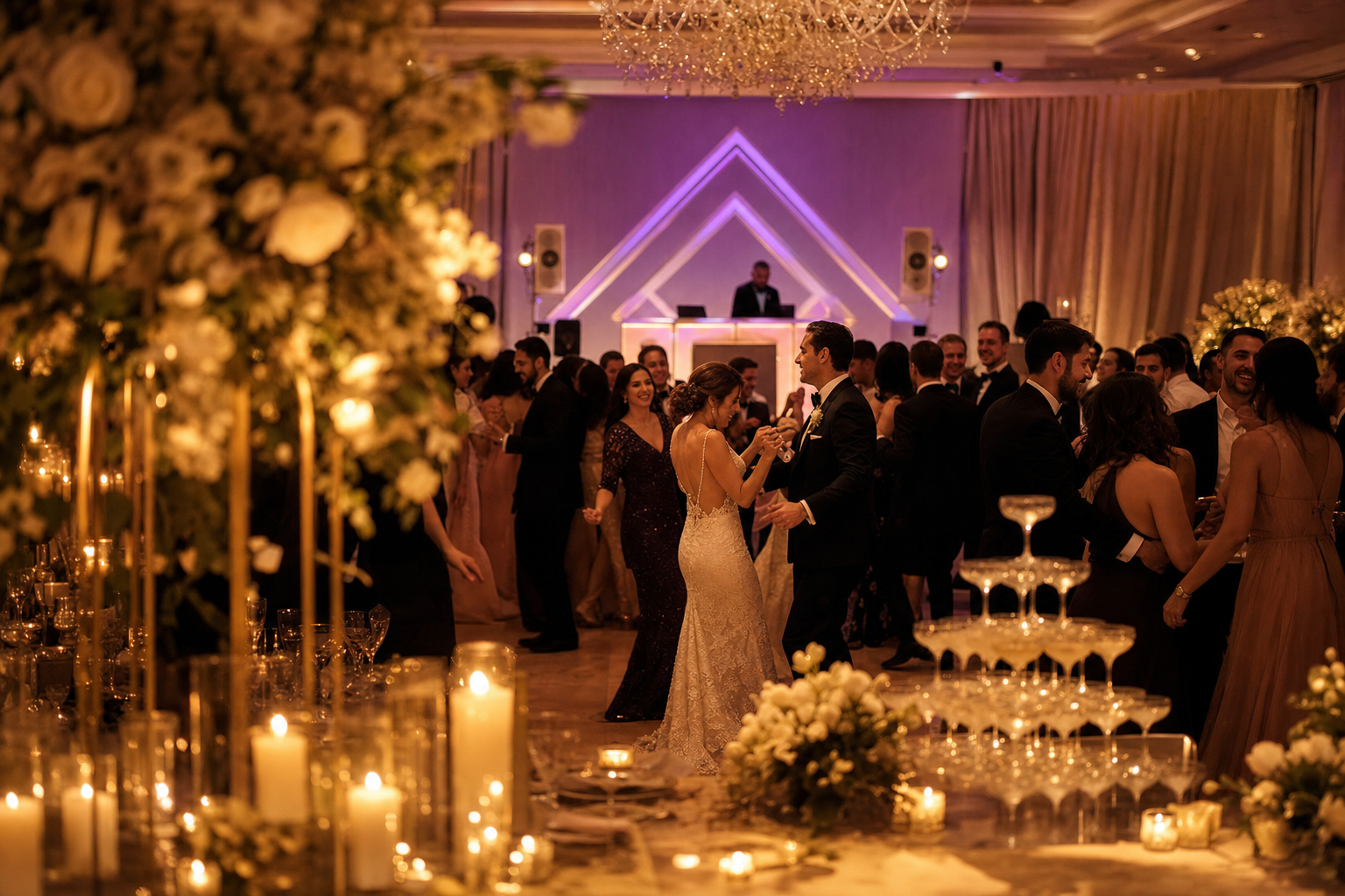 Luxury wedding reception, warm candlelight, guests on the dance floor